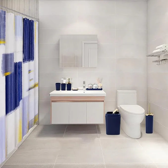XLHOMO Blue and Gold Bathroom Accessories Set, Bathroom Sets with Shower Curtain, Blue Bathroom Accessories with Trash Can, Soap Dispenser, Soap Dish, Toilet Brush Holder, Qtip Holders for Bathroom - ModernBath