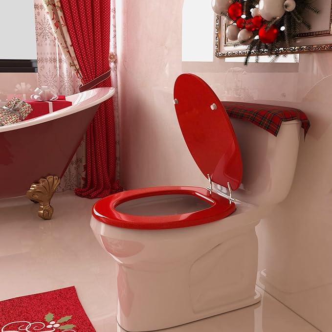 BLOFDE Round Toilet Seat Wood Toilet Seat Prevent Shifting with Zinc Alloy Hinges American Standard Size Toilet Seat Easy to Install also Easy to Clean (Round,Sparkling Christmas Red) - ModernBath