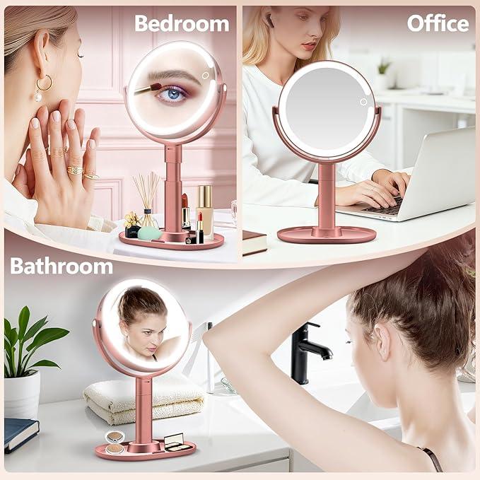 MIYADIVA Makeup Mirror with Lights, 30X Magnifying Mirror with Light and Touch Switch, Vanity Mirror with 3 Color Light and 80 LEDs, Height Adjustable Desk Mirror with Lights, Rose - ModernBath