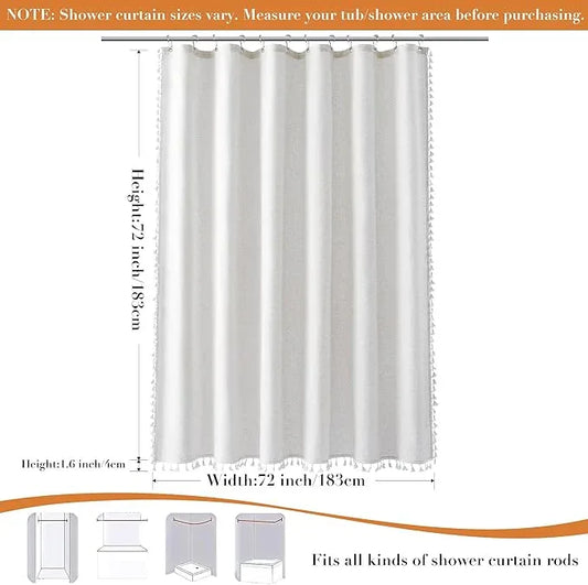 Nanspring Beige White Boho Linen Shower Curtain 72 Inch Long Fancy Hotel Style Textured Fabric Weighted Tassel Shower Curtain Set with Hooks Modern Bohemian Style Bath Decor for Bathroom 72x72 - ModernBath