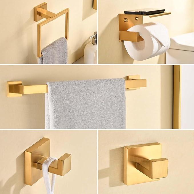 Bathroom Towel Bar Set 5 Pieces Brushed Gold Modern Bathroom Hardware Accessories Set Wall Mounted Include 16-InchTowel Bar,Towel Rack,Toilet Paper Holder with Shelf,Towel Robe Hook - ModernBath