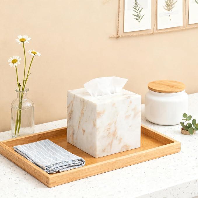 Marble Tissue Box Cover for Bathroom, White with Gold Texture Marble Facial Tissue Holder, Rectangular Toilet Paper Holder Case, Elegant Home Decorative for Vanity, Bedroom, Living Room, Office - ModernBath