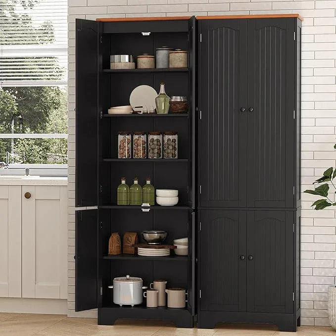 72.2'' Pantry - 4 Door Kitchen Cabinet with Adjustable Shelves, Freestanding Cupboard, Tall Storage Cabinets for Dining Room, Living Room, Laundry, Bathroom, Entryway, Black 2Pcs - ModernBath