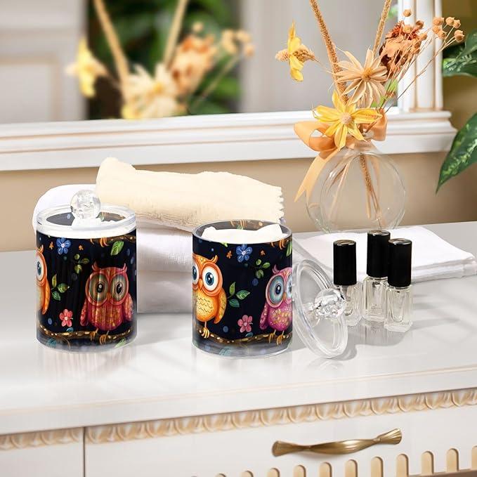 Tatenale Qtip Holder Bathroom Set Q tip Cotton Ball Swab Pad Dispenser Container Organizer Plastic Jars with Lids Storage 2Pack Vibrant Owls Branches Flowers Spring - ModernBath