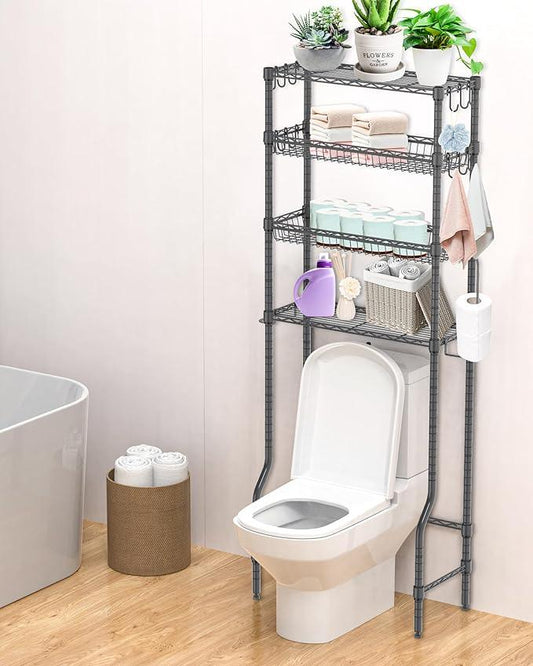 Over The Toilet Storage, 4-Tier Over Toilet Shelf Organizer Metal Storage Rack Freestanding Bathroom Space Saver with Adjustable Shelves and Baskets, Gray - ModernBath