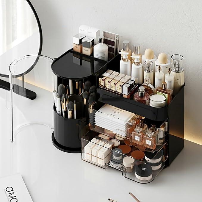 Makeup Organizer with Rotating Brush Holder Cosmetic Organizer with Drawers Countertop Skincare Organizer for Vanity,Cosmetic Display Case Storage (Black, Large) - ModernBath