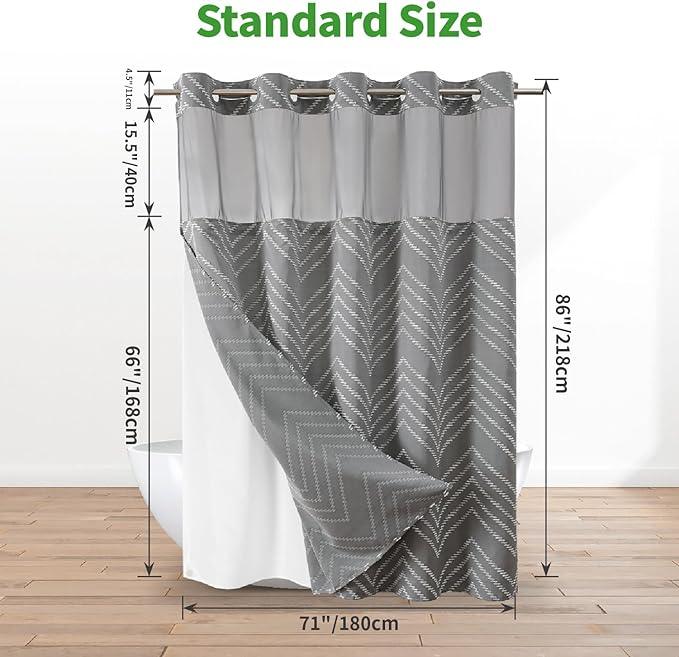 eachope Extra Long Grey No Hook Shower Curtain with Snap-in Liner Set,Boho White Woven Fabric Tufted Chevron Striped Design,Modern Chic Minimalist Bathroom Curtain,71x86 - ModernBath
