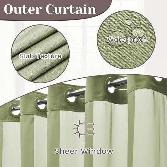 SORTTO No Hook Slub Textured Shower Curtain with Snap in Liner - Sage Green Fabric Outer Curtain & Waterproof Inner Liner, Hotel Style with See Through Top Window, 71x86 in - ModernBath