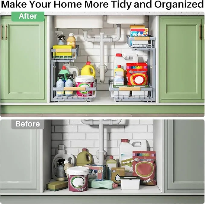 Kitstorack Under Sink Organizer, 2 Packs 2 Tier Under Sink Organizers and Storage, Slide out Pull out Cabinet Organizer Shelf, Metal Sliding Drawer for Kitchen Bathroom Pantry Closet Rack(Grey) - ModernBath