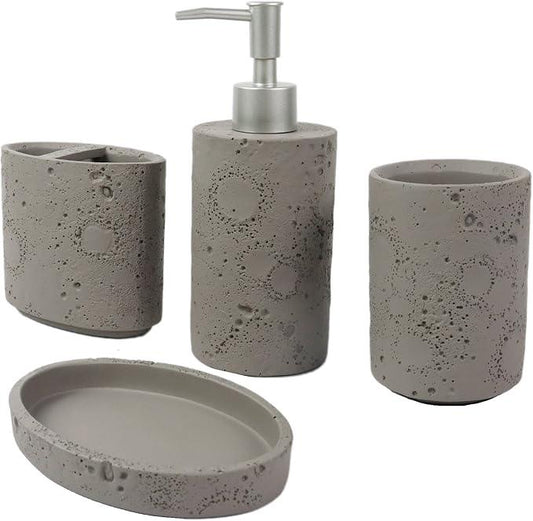 Hymmah Meteorites Bathroom Accessories Set,Farmhouse Bathroom Decor,4 Pcs Resin Gift Set Apartment Necessities, Contain Cotton Swab Jar,Soap Dispenser,Tumbler,Soap Dish/Tray - ModernBath
