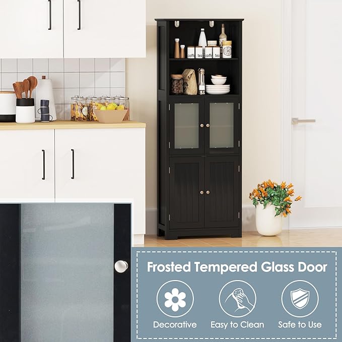 Tangkula Tall Bathroom Storage Cabinet, Freestanding Floor Cabinet w/2 Glass Doors & 2 Open Shelves, 3-Position Adjustable Shelves, Anti-toppling Design, 64” Tall Pantry Cupboard for Kitchen