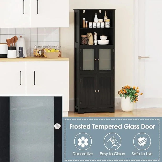 Tangkula Tall Bathroom Storage Cabinet, Freestanding Floor Cabinet w/2 Glass Doors & 2 Open Shelves, 3-Position Adjustable Shelves, Anti-toppling Design, 64” Tall Pantry Cupboard for Kitchen - ModernBath