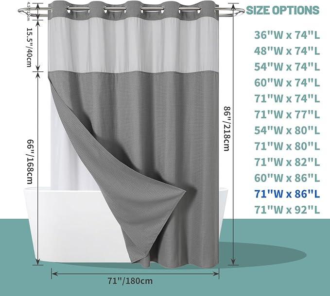 eachope Grey Extra Long No Hook Waffle Weave Shower Curtain with snap-in Liner Replacement, 230GSM Waterproof Fabric Hotel Shower Curtain Set for Bathroom, Through Mesh Top Window,71Wx86H - ModernBath