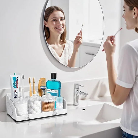 TuCao Bathroom Counter Organizer with 3PCS Qtip Holder, Marble Toothbrush Holders for Bathrooms, Bathroom Organizers and Storage with Drain Holes, Electric Toothbrush Holder, Vanity Organizer - ModernBath