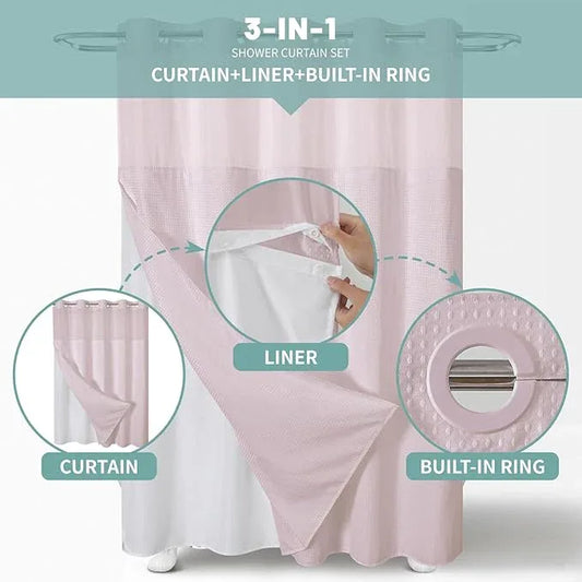 eachope BlushPink Extra Long No Hook Waffle Weave Shower Curtain with snap-in Liner Replacement, 230GSM Waterproof Fabric Hotel Shower Curtain Set for Bathroom, Through Mesh Top Window,71Wx86H - ModernBath