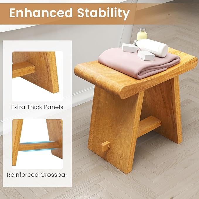 Giantex Teak Shower Bench Stool for Bathroom, Fully Assembled Wooden Bath Seat with Curved Seat, Waterproof Spa Shaving Bench Foot Rest for Indoor Outdoor Use, 19.5''L x 12''W x 18''H - ModernBath