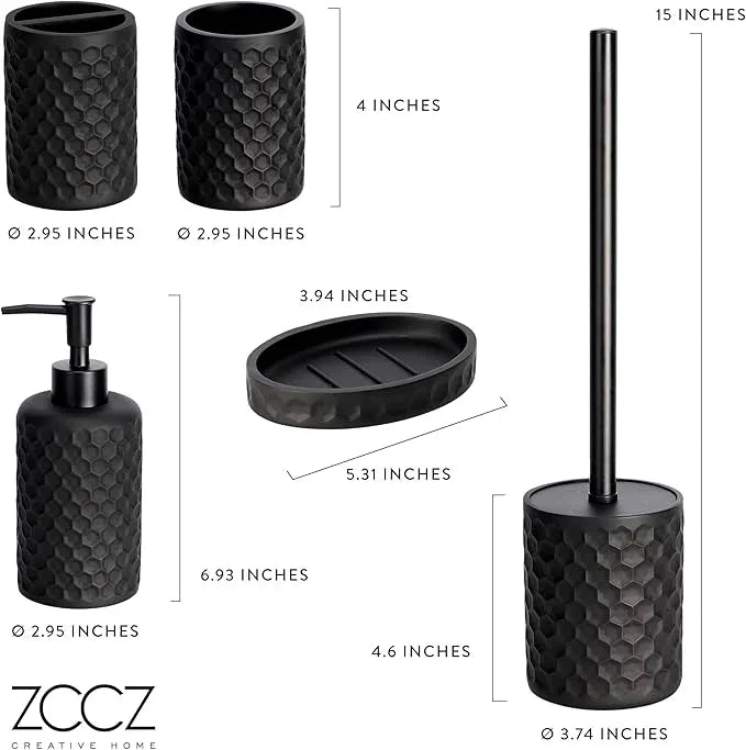 ZCCZ Bathroom Accessories Set 5 Pcs - Soap Dispenser, Toilet Brush, Toothbrush Holder, Tumbler, Soap Dish - Vintage Decor for Countertop Vanity Organizer, Black Bathroom Accessory Collection - ModernBath