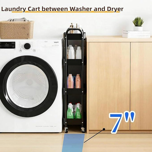 4 Tier Slim Storage Cart with Wheels for Laundry Room Between Washer and Dryer, 7.1'' Narrow Rolling Cart with Wheels and Lockable Casters, Metal Thin Standing Shelf for Small Space, Black - ModernBath