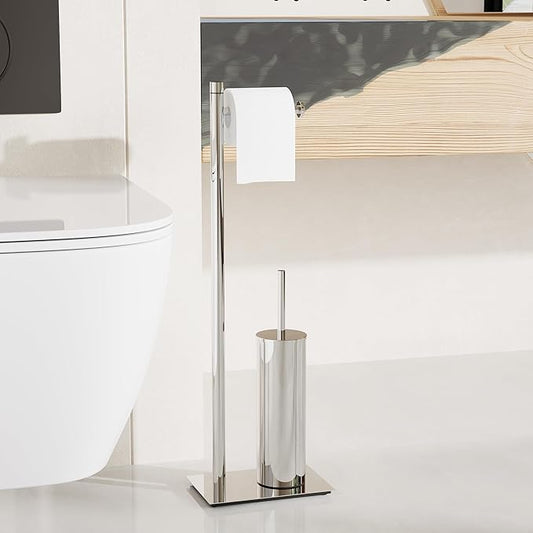 RUACQ Toilet Paper Holder Stand with Toilet Brush and Holder Set, 304 Stainless Steel Bathroom Toilet Tissue Paper Roll Holder Free Standing, Weighted Base, Heavy Duty (Chrome)