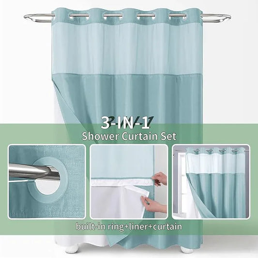 eachope Teal No Hook Shower Curtain with Snap-in Fabric Liner Set,Slub Textured Fabric Shower Curtains for Bathroom,Hotel Style Modern Shower Curtain,Water Repellent & Washable,71x74(72) - ModernBath