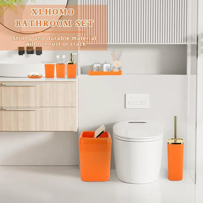 XLHOMO Bathroom Set - Orange and Gold Bathroom Accessories, Bathroom Sets with Shower Curtain and Rugs, Orange Shower Curtain Set with Bathroom Trash Can, Soap Dispenser, Soap Dish for Home Decor - ModernBath