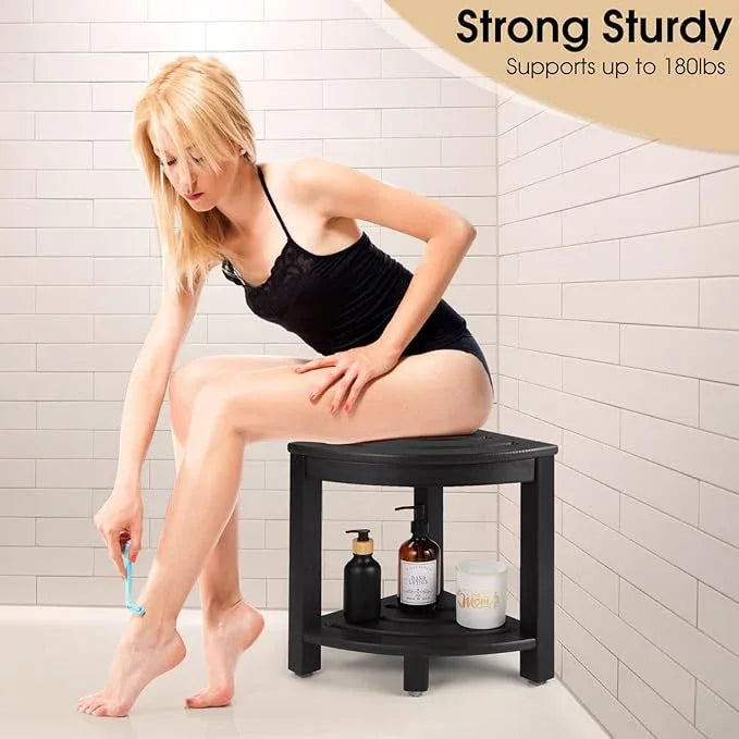 Apolimi HDPE Corner Shower Stool,Shower Bench Seat with Storage Shelf for Shaving Legs Plastic Spa Bath Step Foot Rest for Bathroom Small Place (Black) - ModernBath