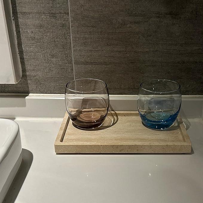 OAIQNUJ Natural Travertine Stone Perfume Tray, 9.8"x5.9" Marble Vanity Tray for Bathroom/Kitchen/Coffee Table - ModernBath