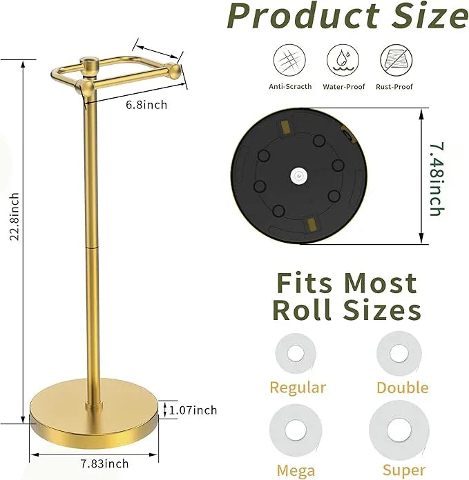 Toilet Paper Holder Stand, Modern Bathroom Free Standing Toilet Paper Roll Holder, Post Pivoting Toilet Paper Stand with Stainless Steel Tissue Rack, Rust-Proof & Heavy Stable Base(Brushed Gold) - ModernBath