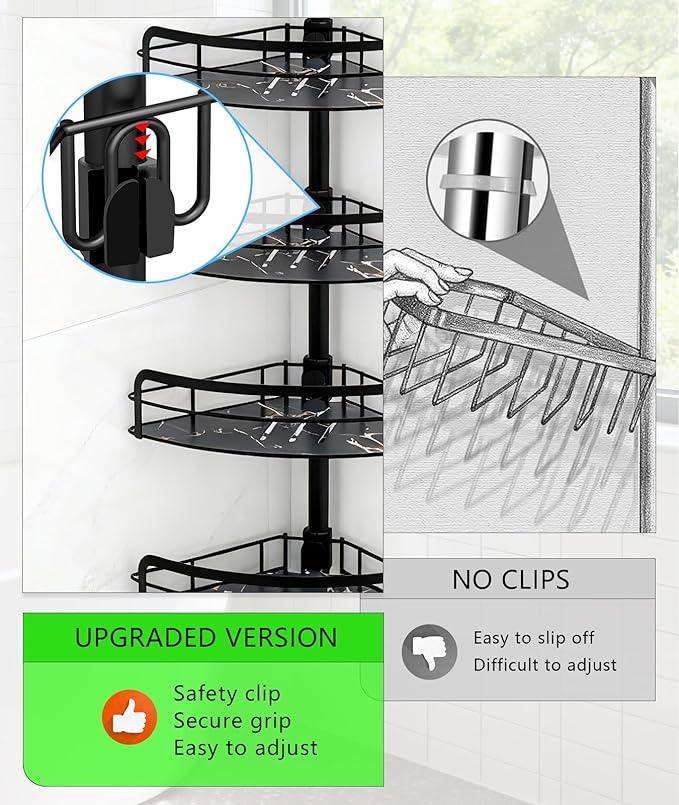 Corner Shower Caddy Tension Pole 4-Tier Bathroom Organizer, Height-adjustable bathroom shelf, Stainless Steel Corner Shower Shelf 33.6-124.6 inchs (33.6-124.6 inchs)