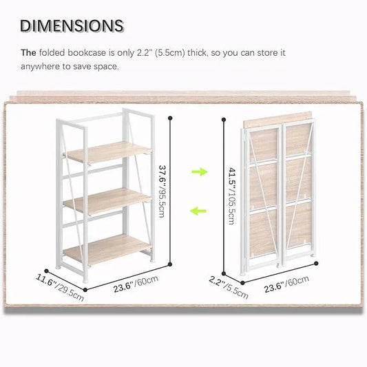 4NM No Assembly Folding Bookshelf Storage Shelves 3 Tiers Vintage Bookcase Standing Racks Study Organizer Home Office (Natural White) - ModernBath