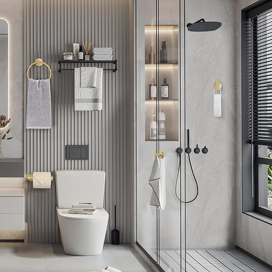 Lairuier Bathroom Hardware Set, 4-Piece Towel Holder Set Include Toilet Paper Holder,Towel Ring and 2 Towel Hooks Stainless Steel Wall Mounted Bathroom Hardware Accessories Set (Brushed Gold)