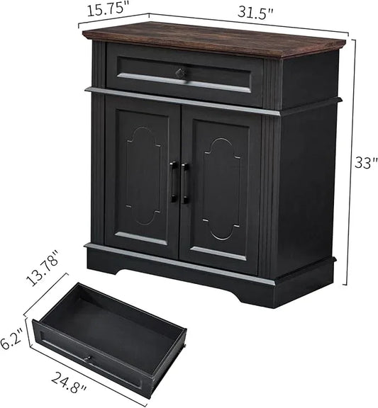 Black Farmhouse Storage Cabinet with 2 Doors and 1 Drawer, Adjustable Shelf, Freestanding Kitchen Pantry Cabinet, Modern Buffet Sideboard Coffee Bar Cabinet Living Room Bathroom Dining Room - ModernBath
