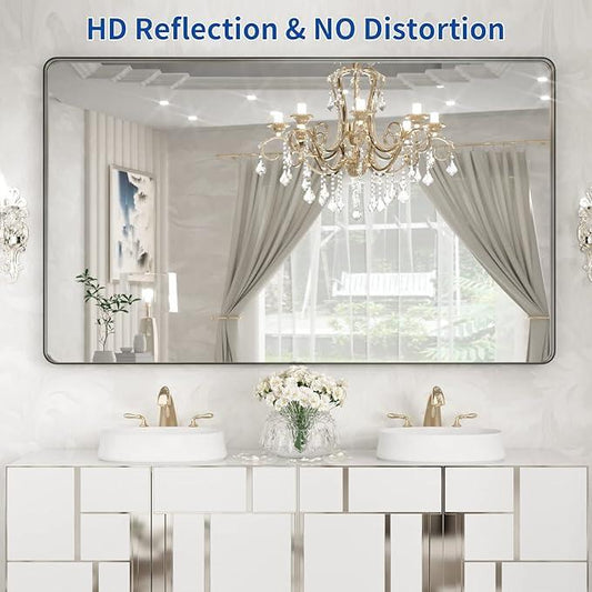 WEER Black Metal Framed Mirror, 60X36 Inch Rectangular Matte Black Wall Mirror for Bathroom, Rounded Corner Black Bathroom Vanity Mirror, Tempered Glass, Anti-Rust, Hangs Horizontal or Vertical - ModernBath