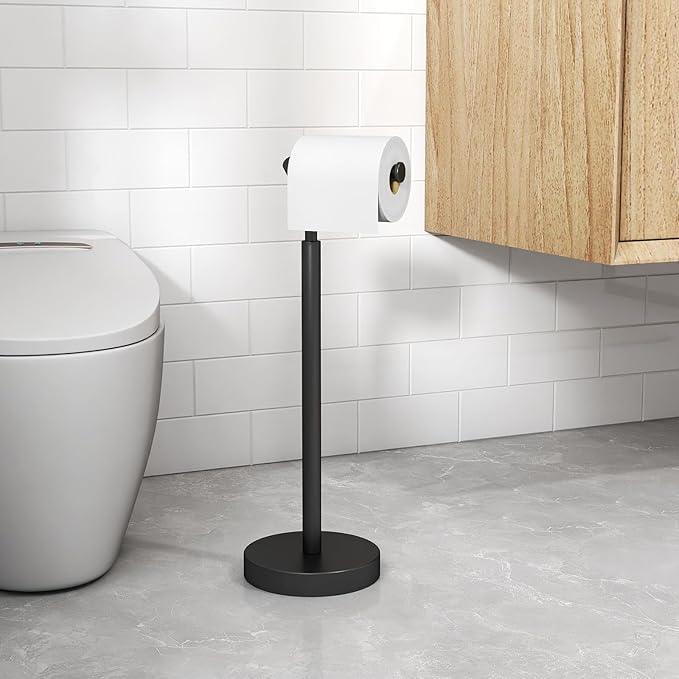 Toilet Paper Holder Free Standing, Matte Black Toilet Paper Stand 21.7" H, Stainless Steel Tissue Roll Holder for Bathroom, Heavy Weighted Base - ModernBath