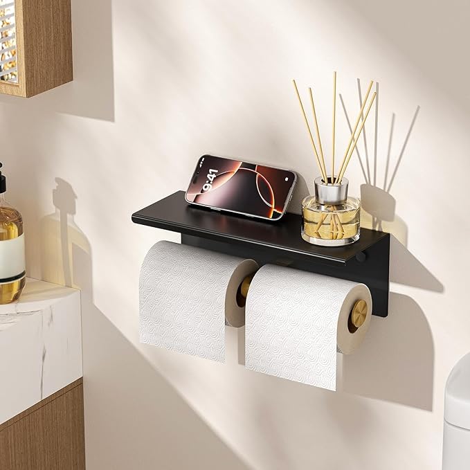 FORIOUS Double Toilet Paper Holder with Shelf, Wall Mount Tissue Roll Holder for Bathroom, 304 Stainless Steel Commercial Toilet Tissue Dispensers with Phone Shelf (1, Matte Black & Brushed Gold)