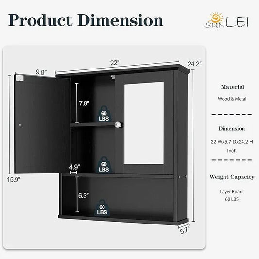 SUNLEI Medicine Cabinets with Open Shelves for Bathroom Organizer, Over The Toilet Storage Cabinet with Doors and Shelves, Bathroom Cabinet Wall Mounted with Mirror Door, Classic Black - ModernBath