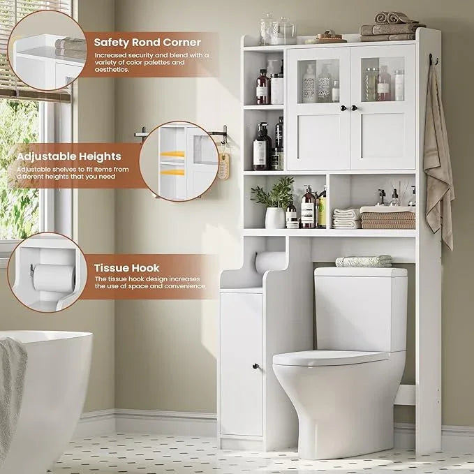 Itaar Over The Toilet Storage Cabinet, Over Toilet Bathroom Organizer with Glass Doors & Toilet Paper Holder Stand, Home Space-Saving Toilet Rack, for Bathroom, Restroom, Laundry(White) - ModernBath