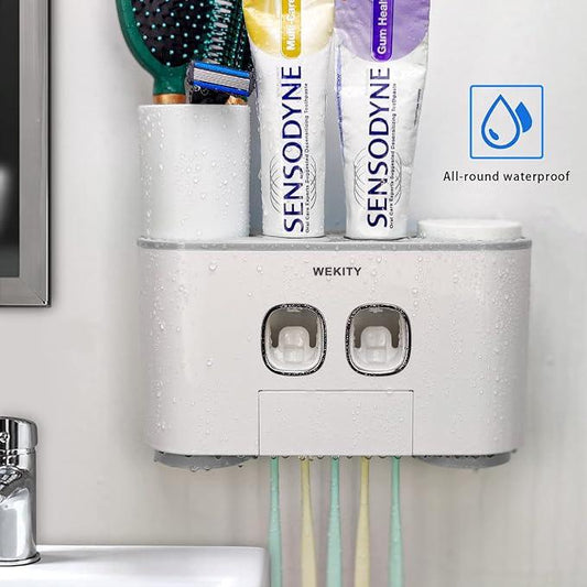 Toothbrush Holder WREWING Multi-Function Wall-Mounted Automatic Toothpaste Dispenser and Dust-Proof Toothbrush Holder with 5 Brush Slots 4 Cups 2 Automatic Toothpaste Dispensers 1 Storage Slot (Grey) - ModernBath