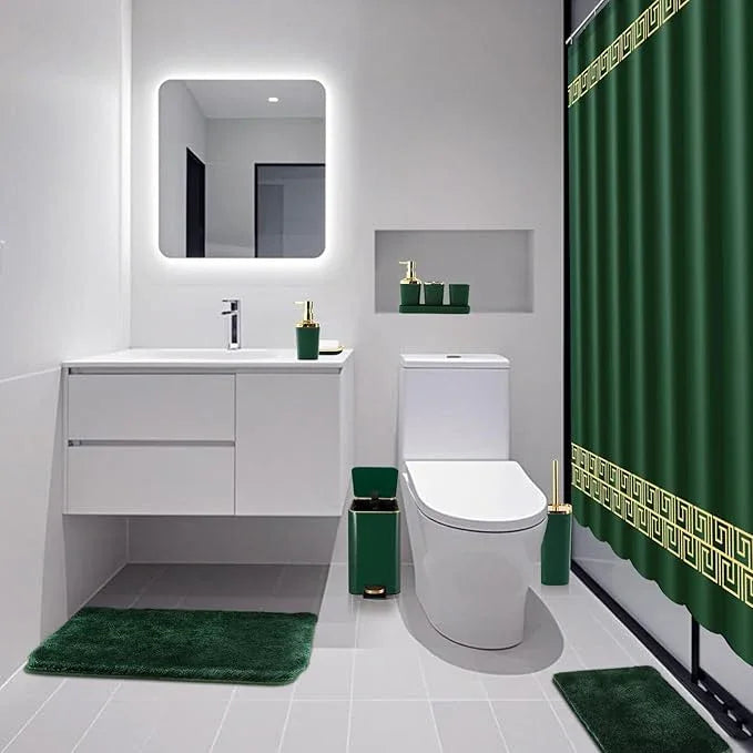 XLHOMO Bathroom Sets with Shower Curtain and Rugs Bathroom Accessories Set Hunter Green Bathroom Set,Soap Dispenser & Toilet Brush Holder Set with Stainless Steel Trash Can - ModernBath