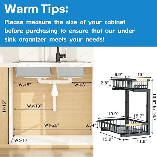 2Pcs Under Sink Organizer, Adjustable Under Sink Organizers and Storage, 2-Tier Pull Out Under Kitchen Sink Organizer, Sliding Out Metal Under Bathroom Sink Organizer for Kitchen Pantry Black - ModernBath