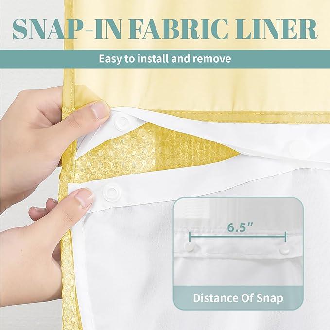 eachope Yellow No Hook Waffle Weave Shower Curtain with snap-in Liner Replacement, 230GSM Waterproof Fabric Hotel Shower Curtain Set for Bathroom, Through Mesh Top Window,71Wx74H - ModernBath
