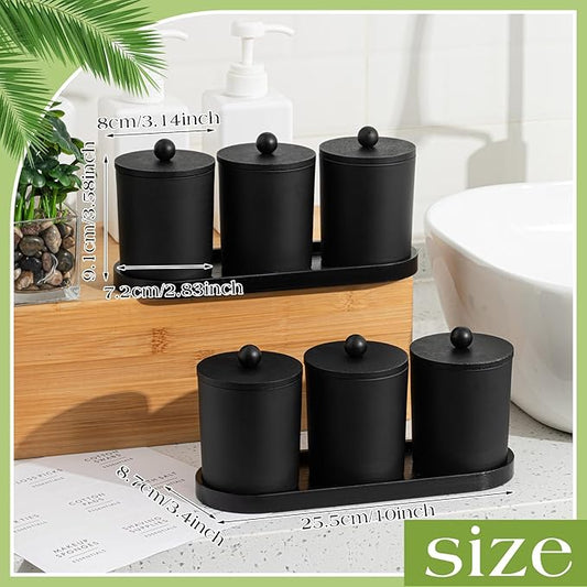 Chengu 6 Pack Cotton Swab Holder with Bamboo Lids and Trays and Labels Glass Round Swab Dispenser Cotton Ball Holder Glass Apothecary Jars Floss Pick Containers Bathroom Organizers(Black)