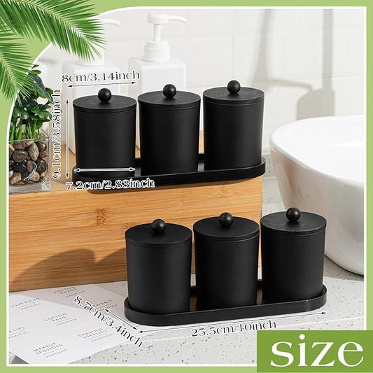 Chengu 6 Pack Cotton Swab Holder with Bamboo Lids and Trays and Labels Glass Round Swab Dispenser Cotton Ball Holder Glass Apothecary Jars Floss Pick Containers Bathroom Organizers(Black) - ModernBath