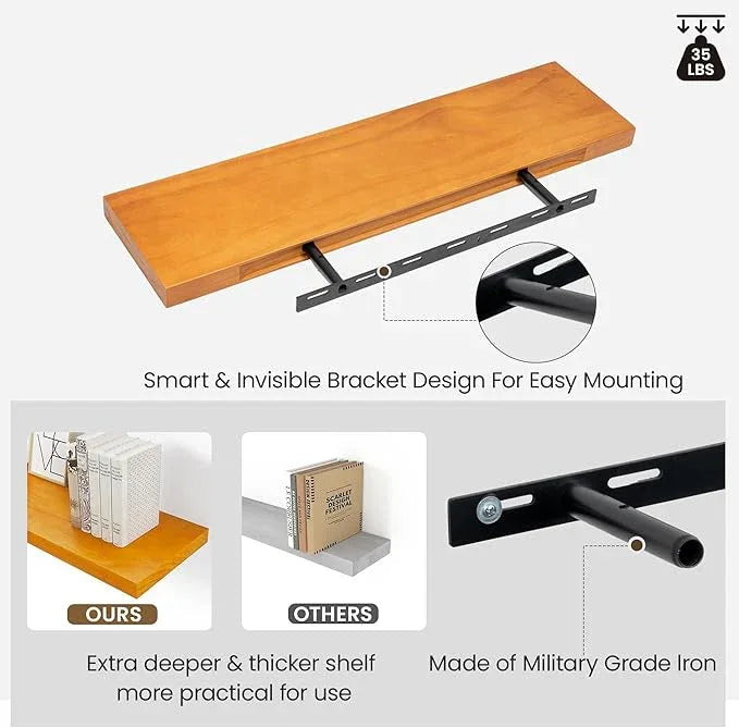 Pine Floating Wall Shelves Set of 2, 16 Inches Long x 8”x 1.4” Shelf Floating Rustic Farmhouse Decor, Heavy Duty Shelf, Wall Shelves for Bathroom Living Room Kitchen Bedroom Office, Honey Oak - ModernBath