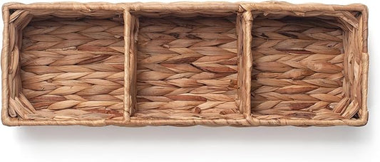 Water Hyacinth Storage Basket Wicker Baskets for Organizing Pad and Tampon Organizer for Bathroom 3 Sections 14.6inch x 4.7inch x 3.1inch