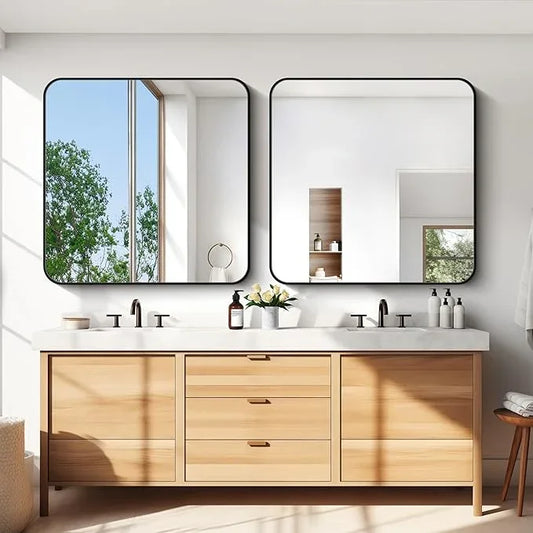 CIVENO Bathroom Mirror, 39x39 inch Black Square Wall Mirror, Metal Frame Rounded Corner Vanity Mirror, Large Wall Mounted Mirror for Modern Bedroom Living Room Horizontal Or Vertical Mounting - ModernBath
