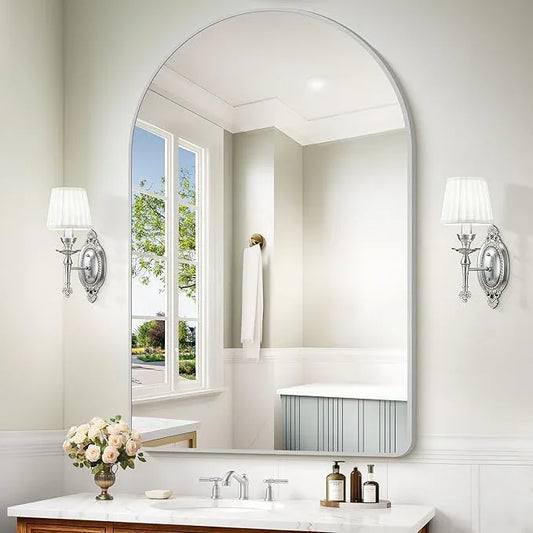 Arched Bathroom Mirror, 30"x48" Silver Arched Mirror for Bathroom, Wall Mounted Mirror, Silver Vanity Wall Mirror w/Metal Frame for Bedroom, Entryway, Living Room, Hanging or Leaning Against - ModernBath