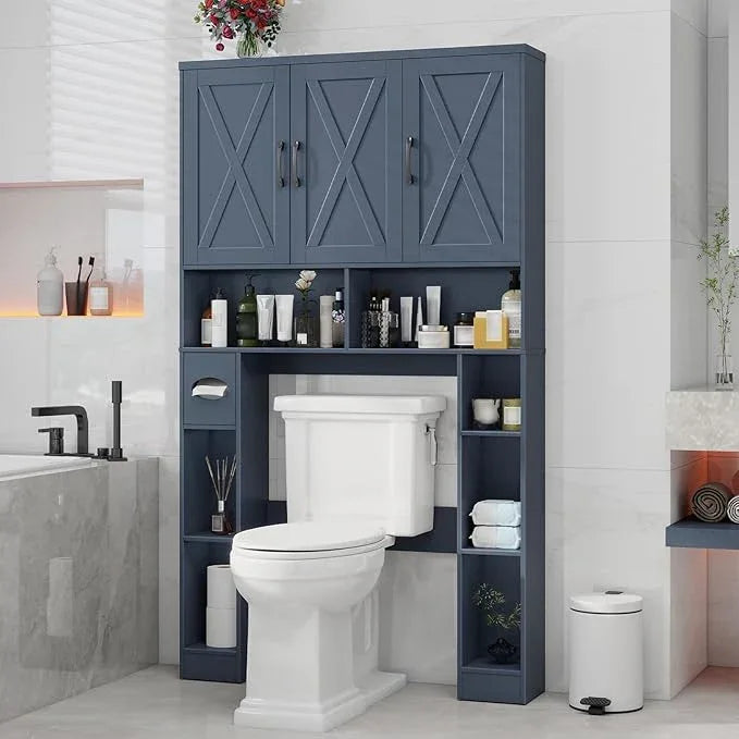 Over The Toilet Storage Cabinet, Farmhouse Toilet Cabinet Rack with 3 Barn Doors, Space Saving Bathroom Organizer with Shelves, Toilet Paper Holder and Towel Rack for Bathroom,Restroom,Laundry,Blue - ModernBath