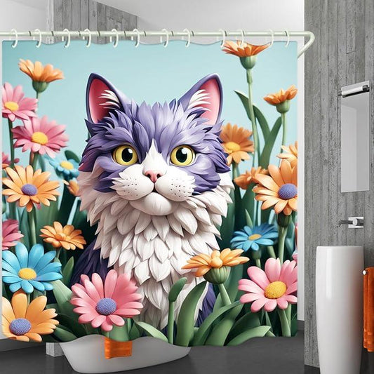 LYFANS Bathroom with Purplish White Cat 3D Shower Curtains, Luxury Bathtub Standard Shower Curtain, Waterproof and Bright Fabric Shower Curtain Size (72x72 Inches) - ModernBath