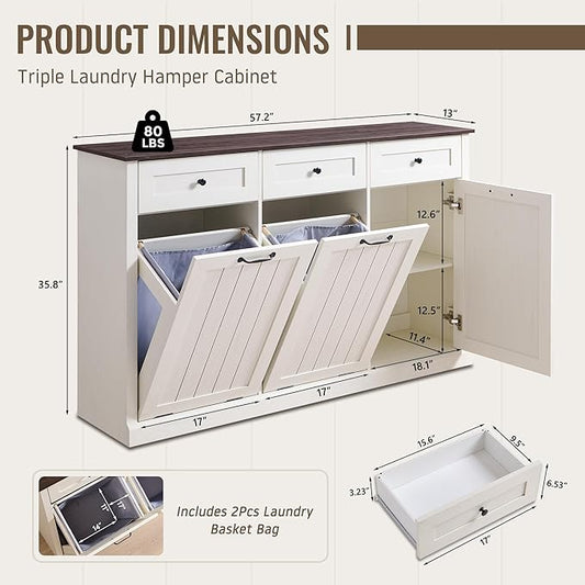 Triple Tilt Out Laundry Hamper Cabinet, 20 Gallon Farmhouse Trash Can Cabinet w/Drawer & Adjustable Shelf, Hidden Garbage Can Bin Cabinets w/Laundry Basket for Bathroom, Kitchen (Antique White)